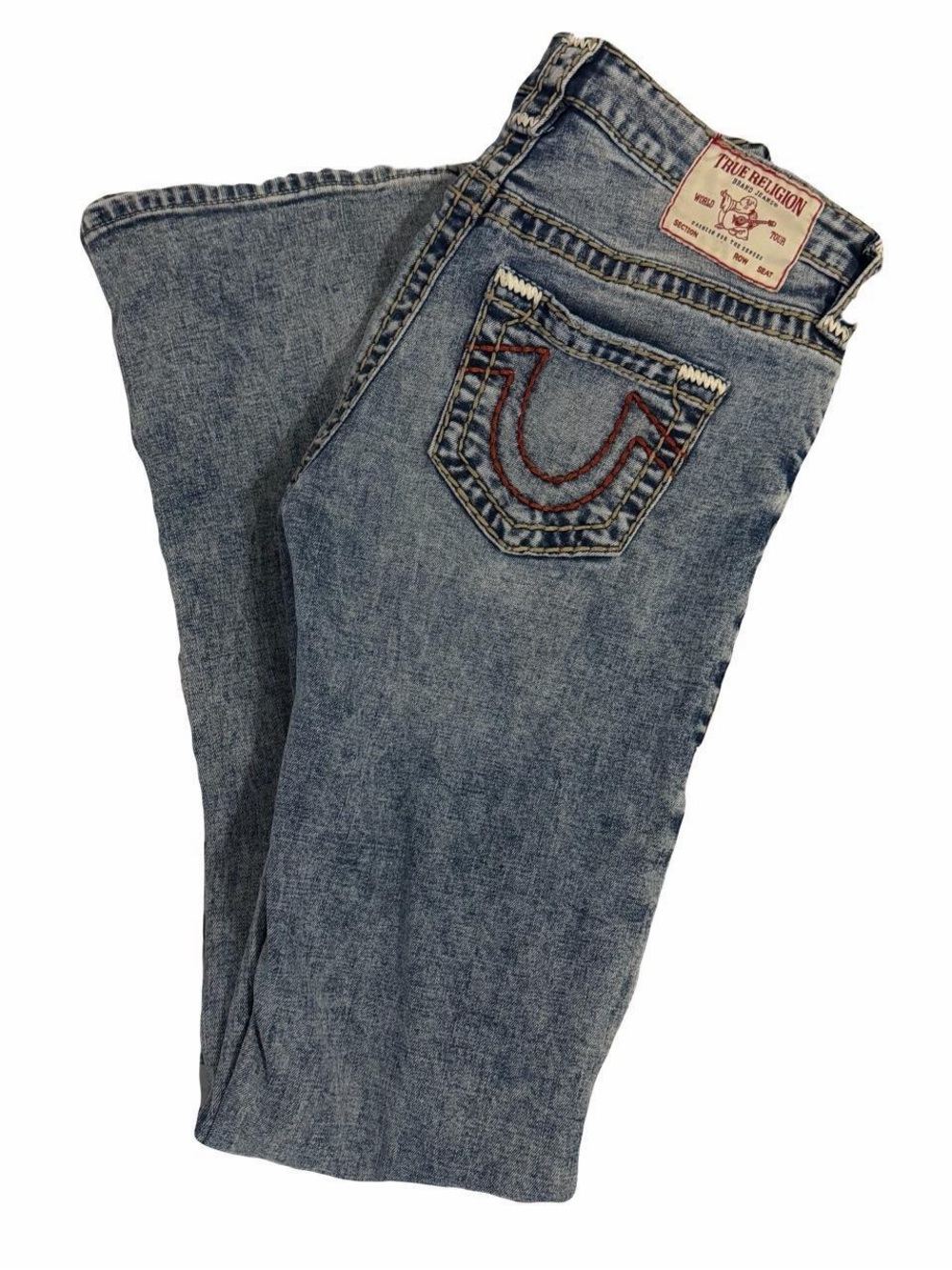 True Religion Light Blue Denim Jeans with Red Horseshoe Stitch